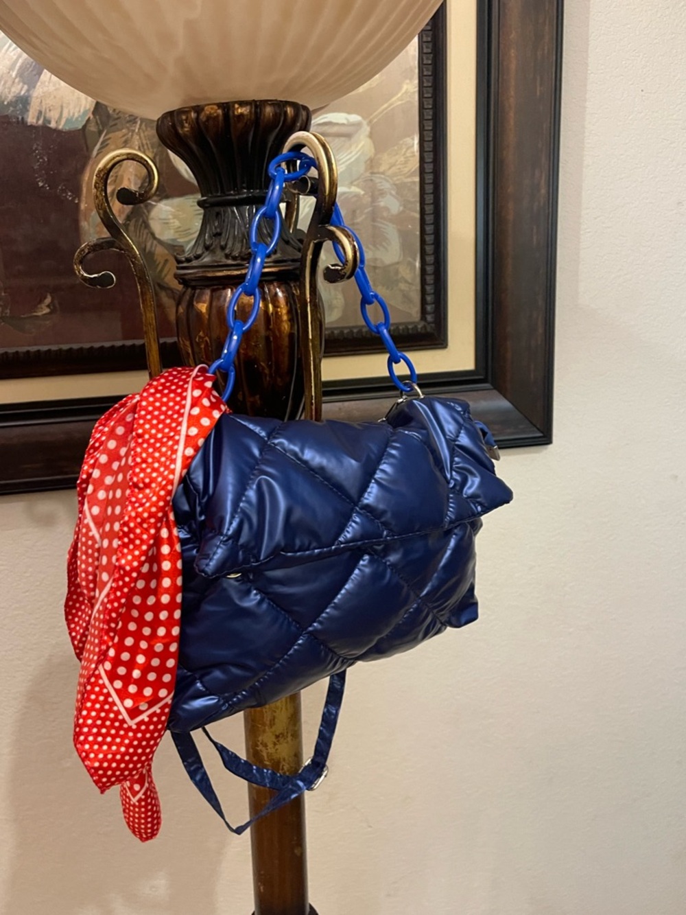 Quilted Navy Shoulder Bag with Chain Handle - Picture 5 of 16